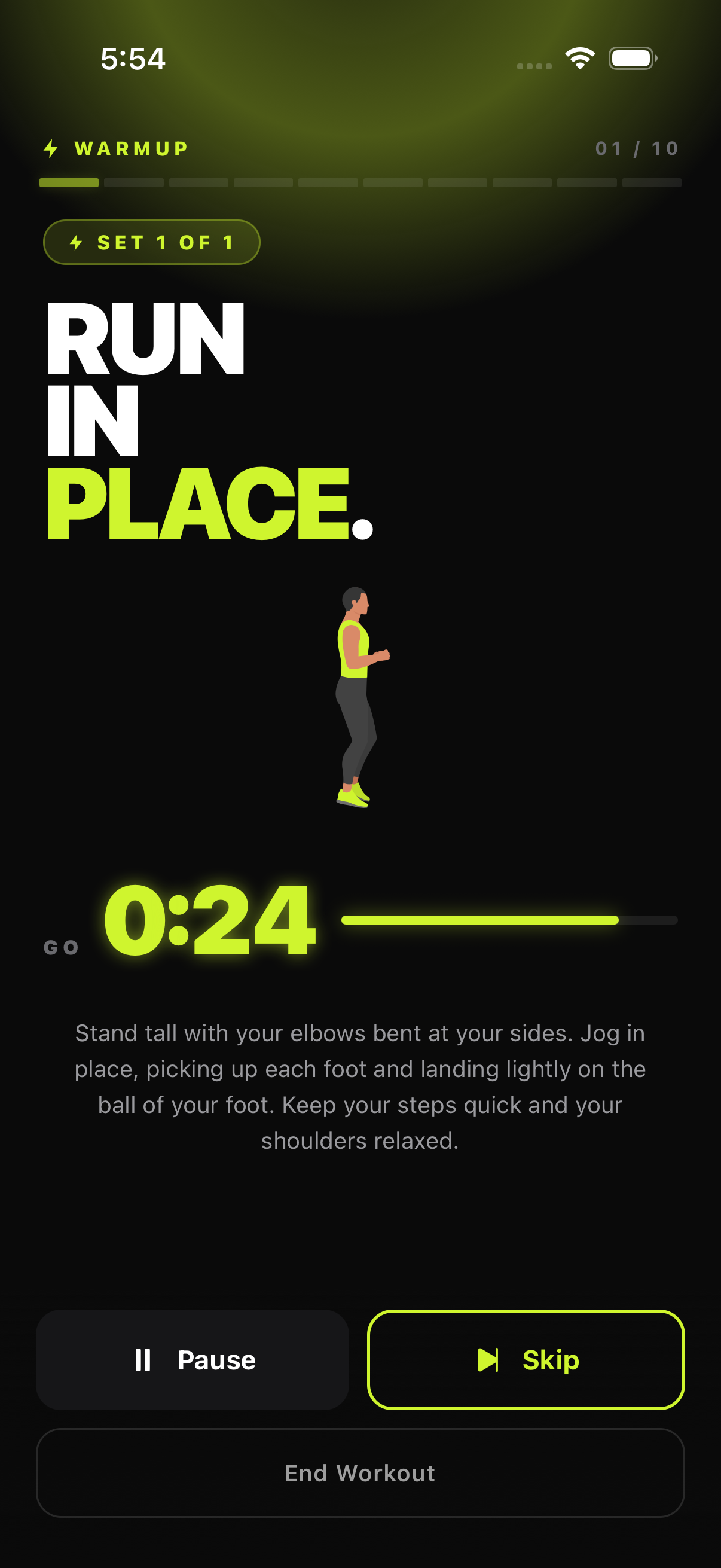 Active workout screen: Run in Place, 0:24 remaining