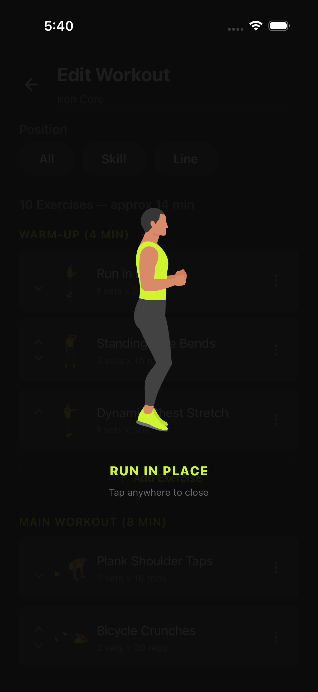 Animated exercise demo inside the workout editor