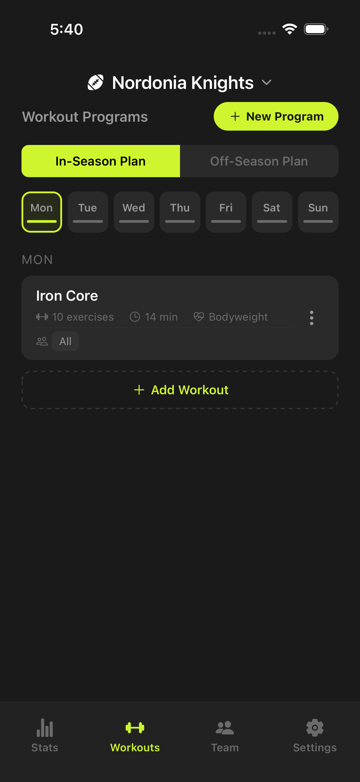 Weekly programming: In-Season Plan, Monday, Iron Core